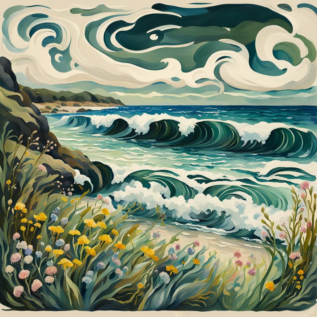 Art Nouveau Beach with Sea Plants in Gouache