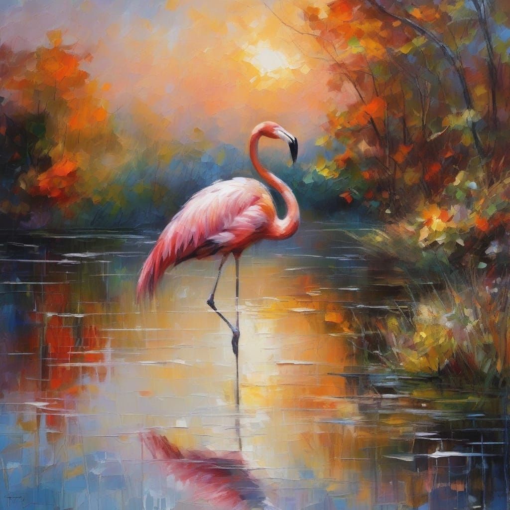 Surreal Sunset Flamingo on Lake in Ultra Detailed Impression...