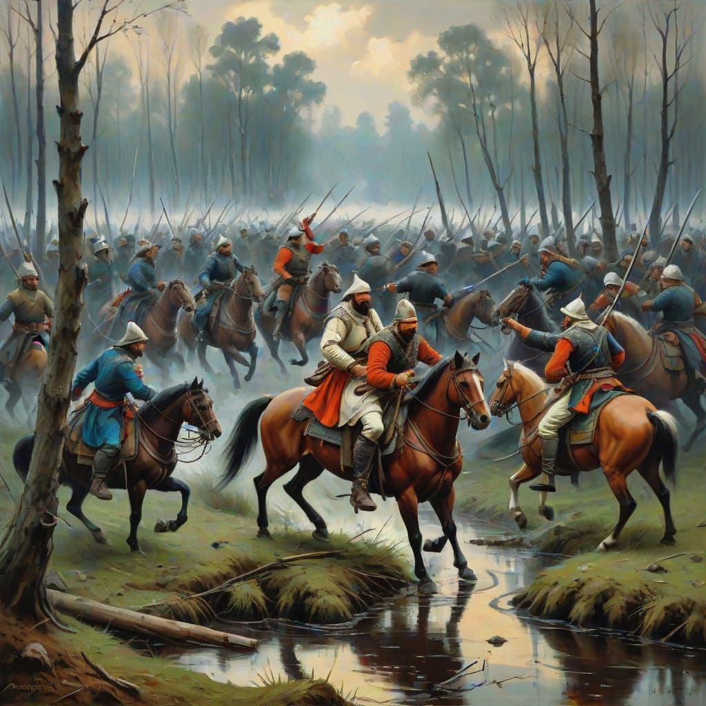 Epic Battle Scene in the Style of Historical Oil Painting