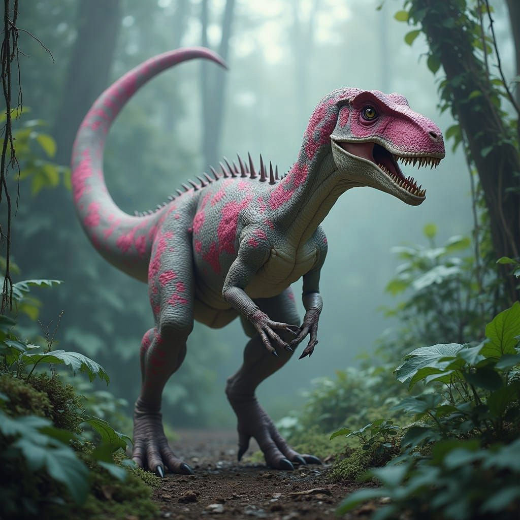 Fierce Grey Velociraptor with Vibrant Pink Floral Pattern