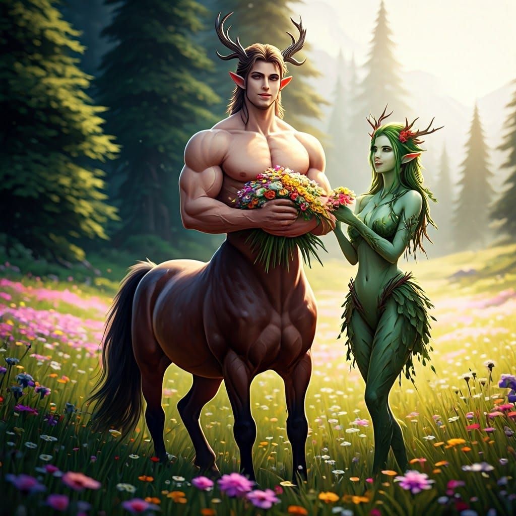 Centaur in Meadow Giving Flowers to Dryad