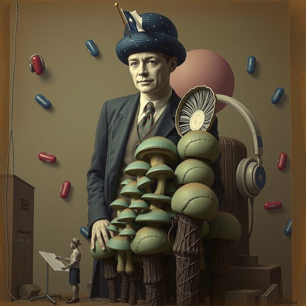 Waving Linocut Mushroom Flag in Bureaucratic Dreamscapes