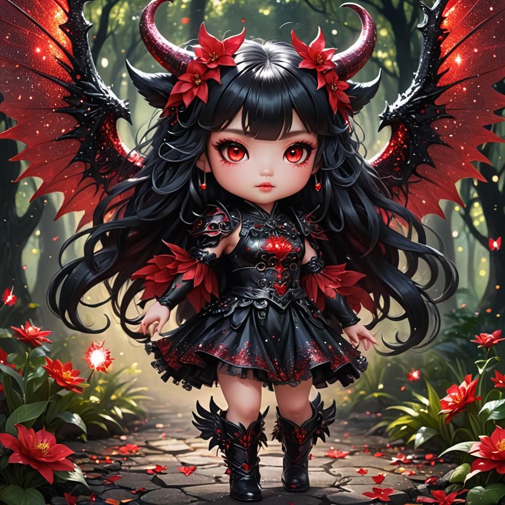 Cute Chibi Demoness in Sparkling Black Dress