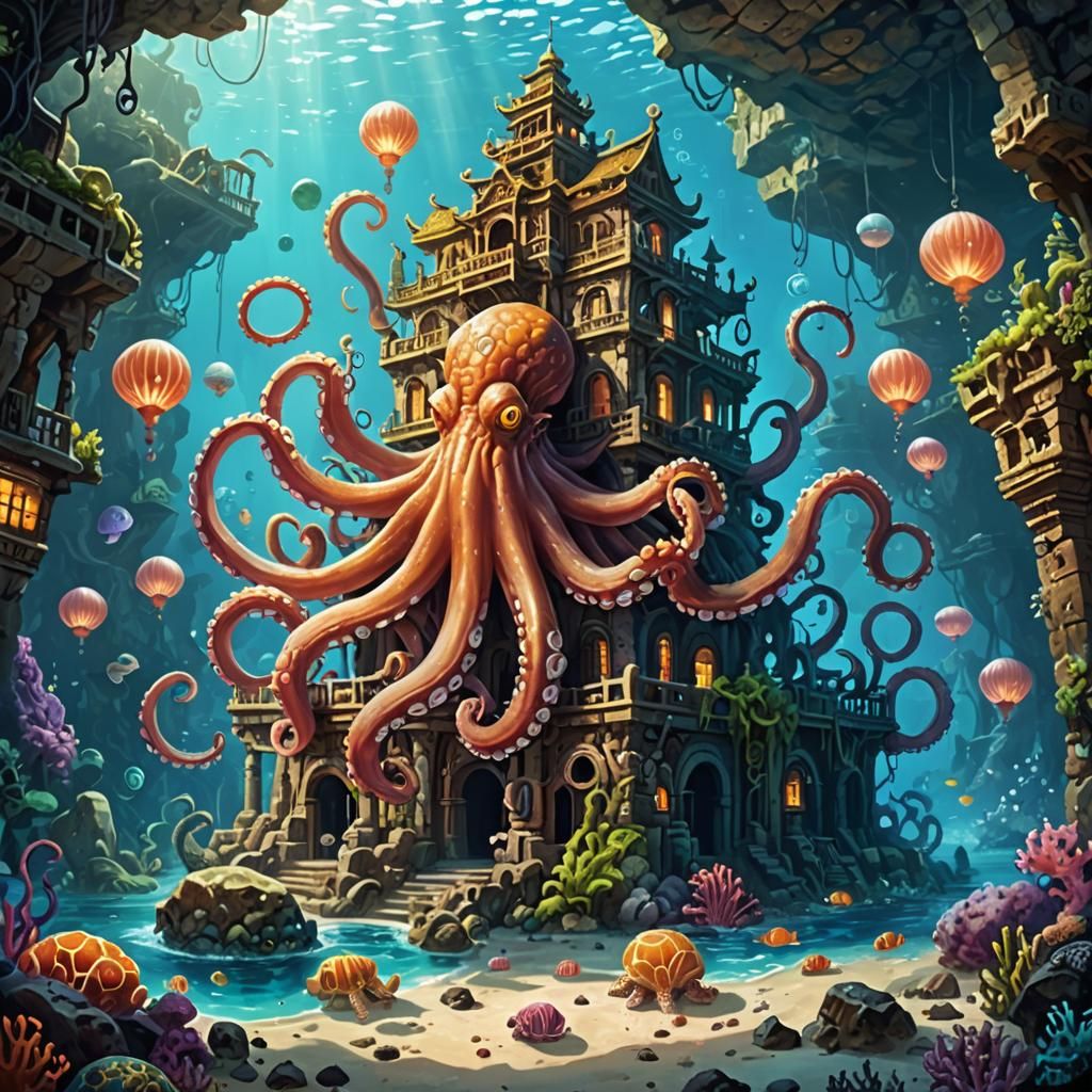 Giant octopus with temple