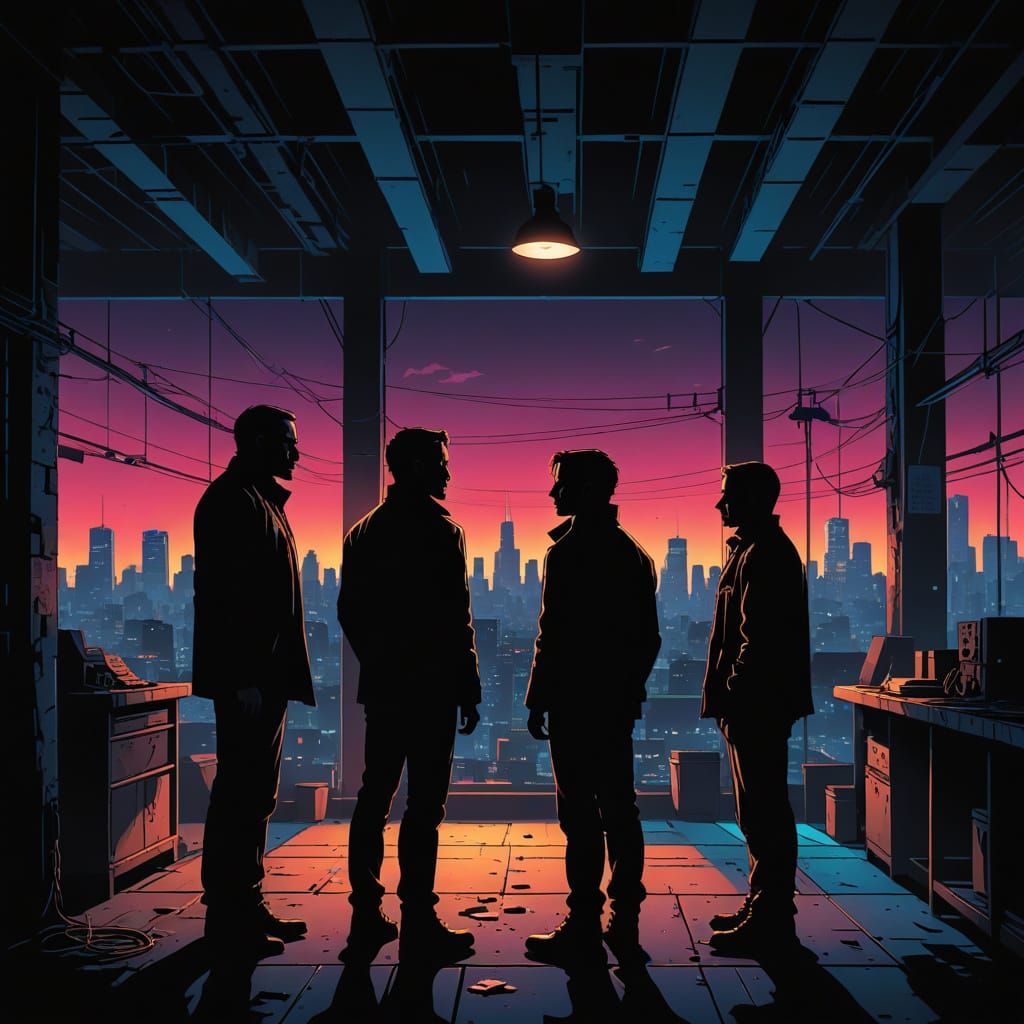 Shadows Converge in Neon Cityscape