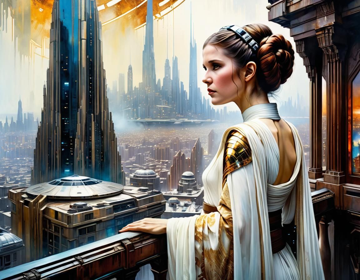 Princess Leia Over Coruscant: Stylized Watercolor Art