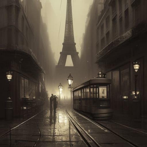 Noir Tram in Sepia-Toned Paris, Vintage Style