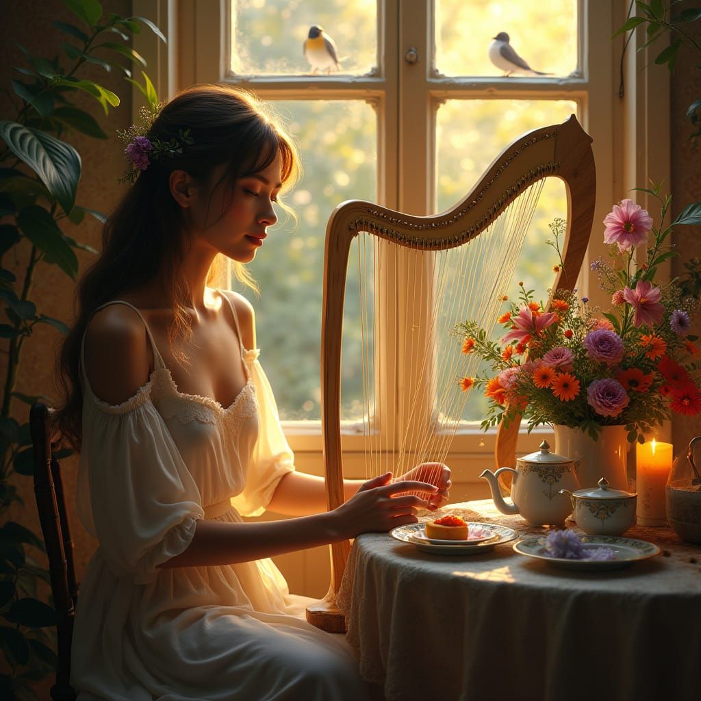Serene Woman in Intimate Morning Moment with Glowing Harp an...