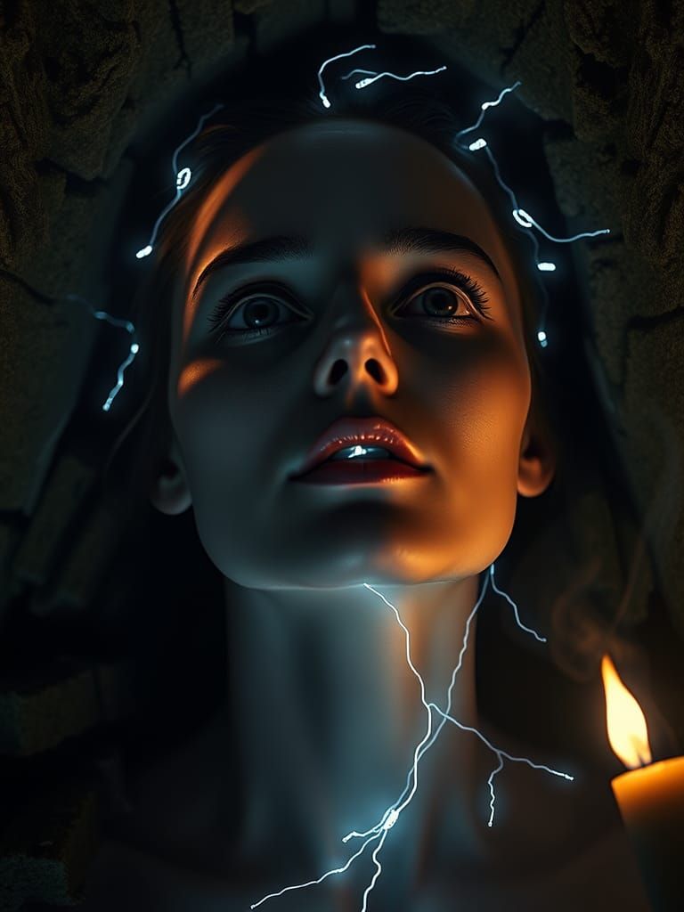 Ethereal Woman with Luminescent Neurons in Dramatic Lighting
