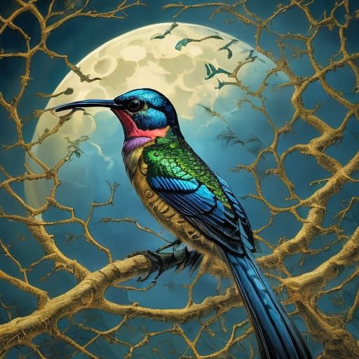 Hummingbird Artist in Rainbow Tim Burton Style with Garden