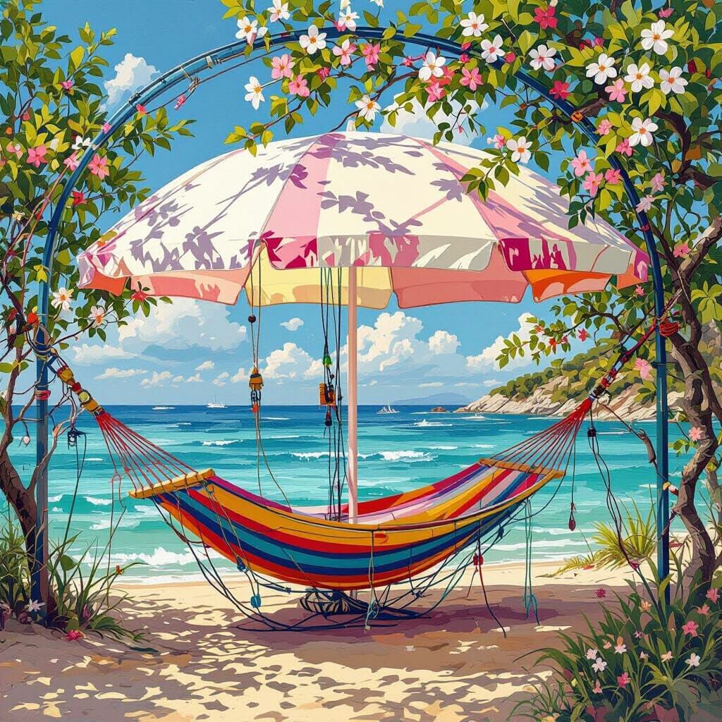 Dreamlike Seaside Hammock and Umbrella in Pastel Digital Pai...
