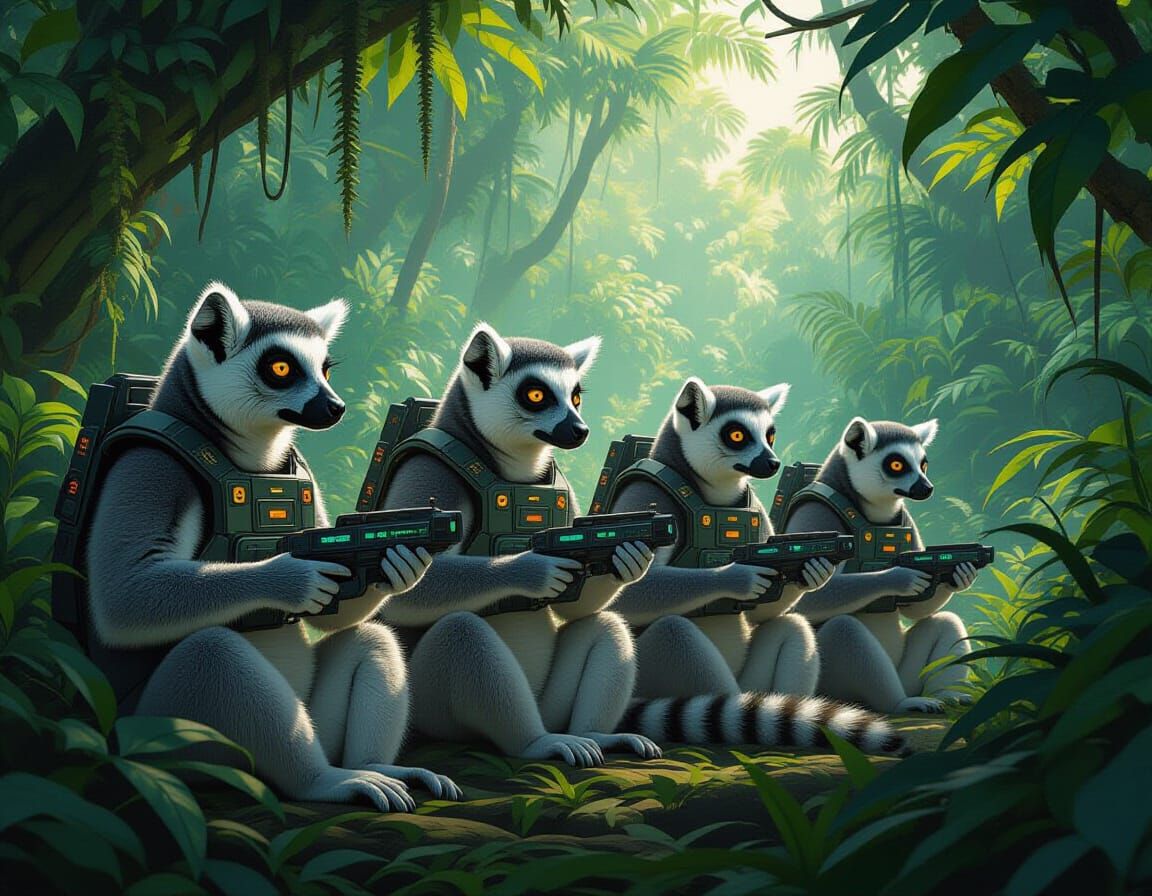 Lemurs Use Advanced Tech in Lush Jungle Digital Art