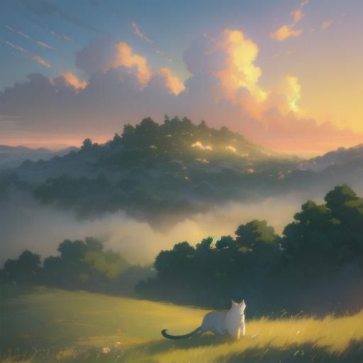 Mint Cat on Hill in Shinkai-Inspired Art