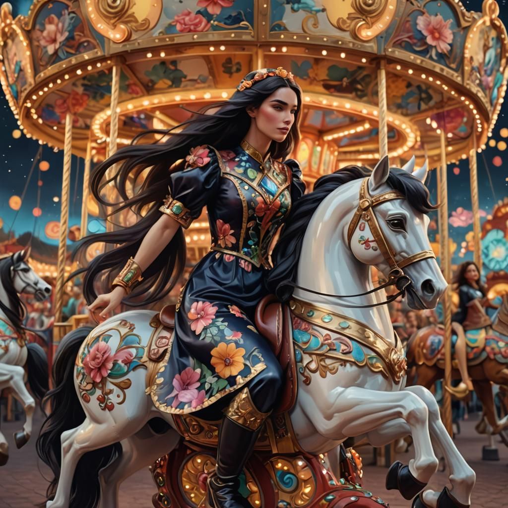 Woman on Carousel Horse, Detailed Digital Painting