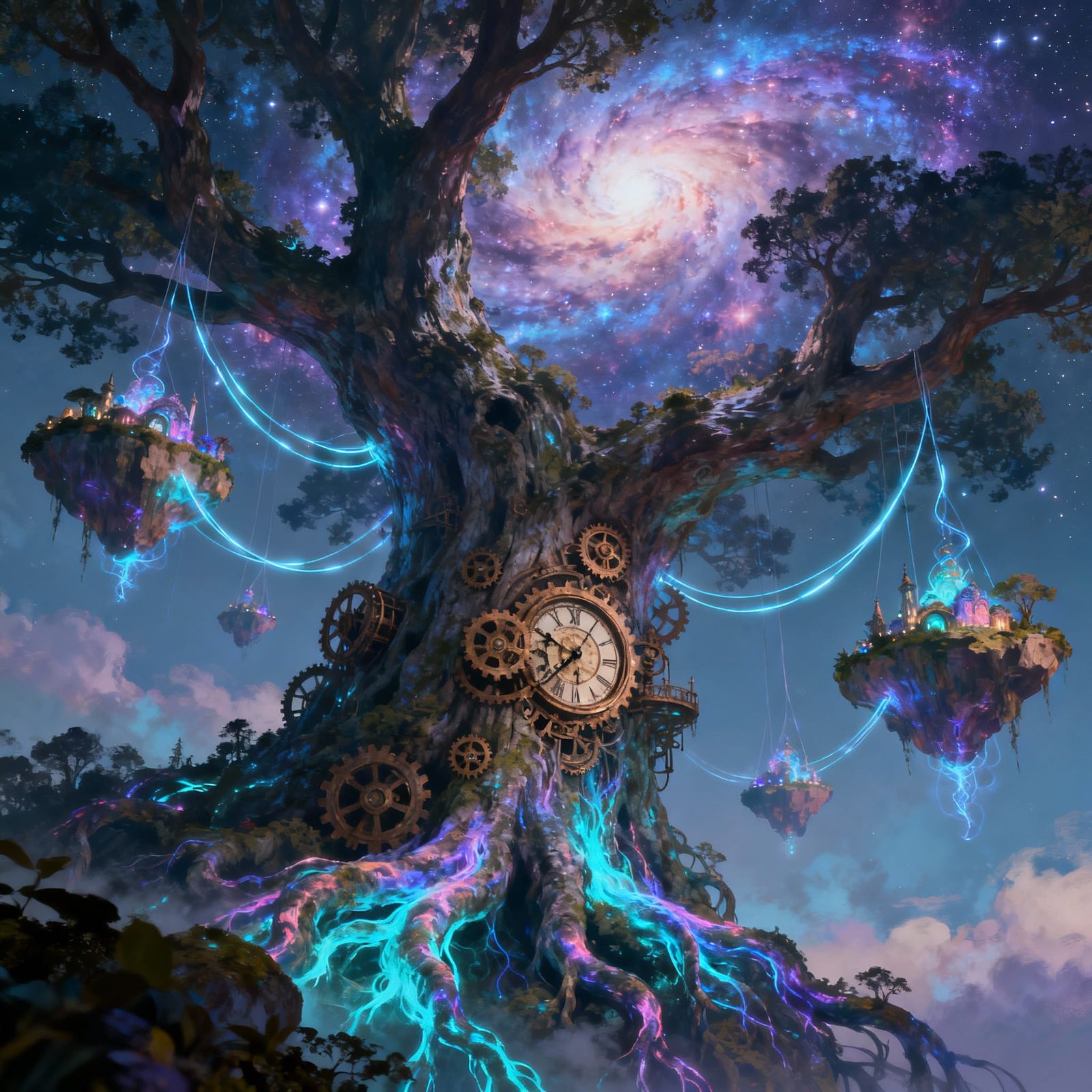 Ancient Bioluminescent Tree With Floating Islands Under Nebu...