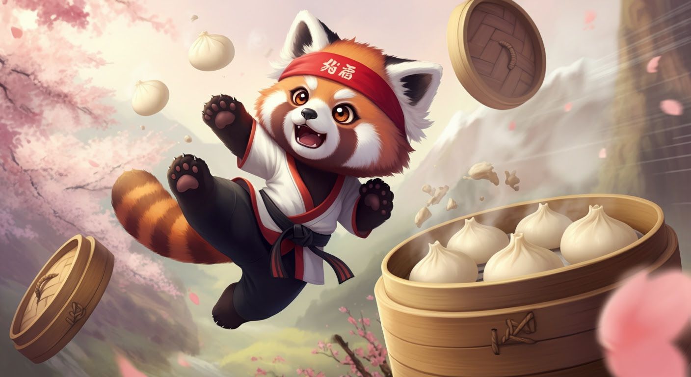 Chibi Red Panda's Dumpling Showdown in Mountain Dojo