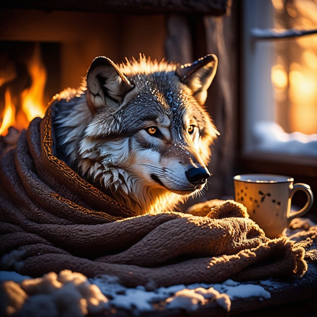 Serene Wolf Sips Hot Cocoa in Winter Wonderland