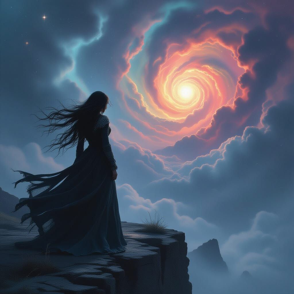 Cosmic Silhouette: Figure Amidst a Storm of Nebulas