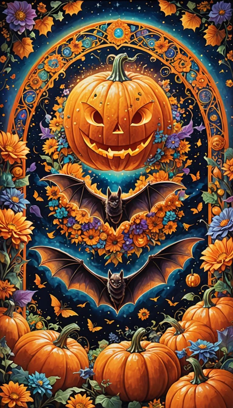 Psychedelic Bat and Pumpkin Fantasy Illustration