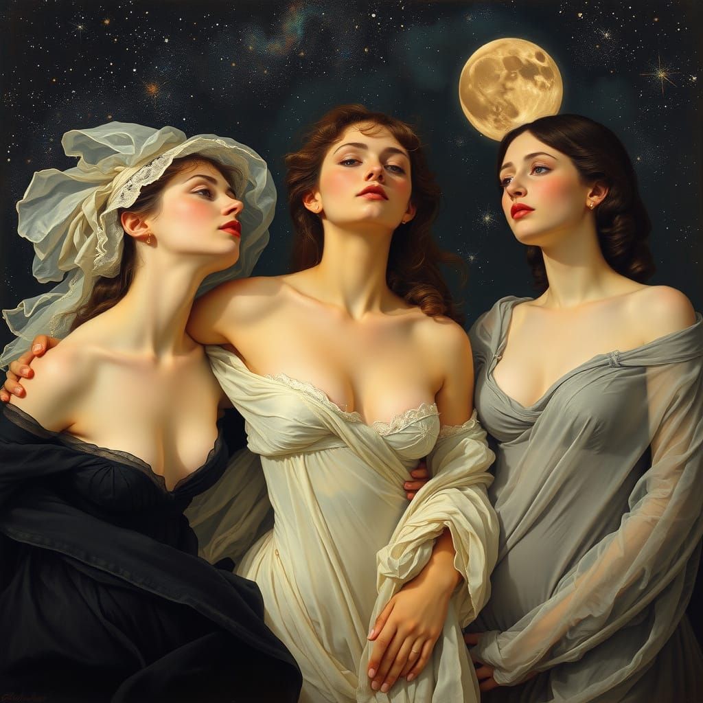 Impressionist Painting: Three Ladies in Starlight
