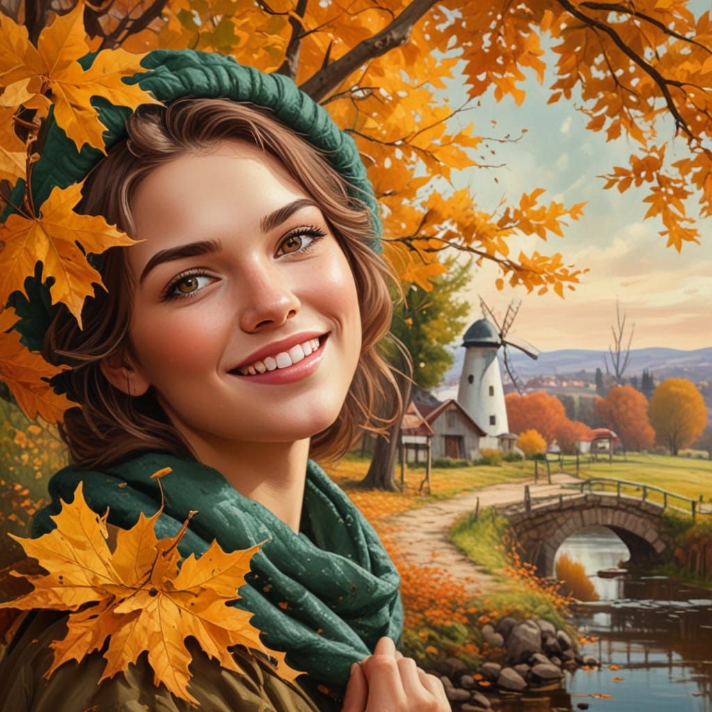 Young Woman in Autumn Splendor with Green Scarf