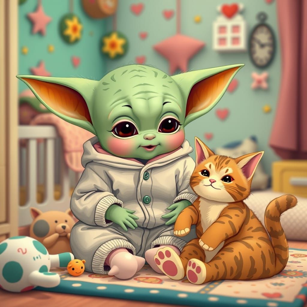Whimsical Baby Yoda Plays with Cat in Colorful Nursery