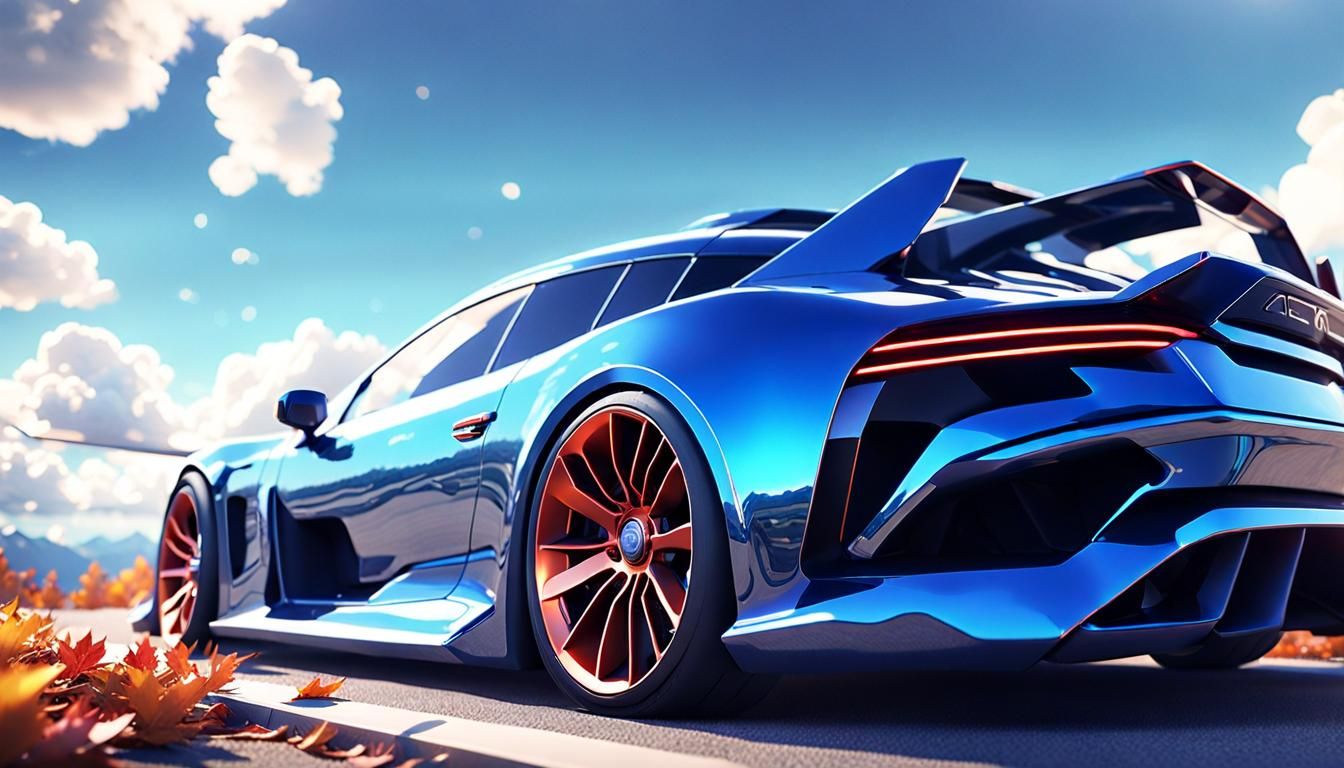 Close shot of a vector art sports car , fall time, blue sky with clouds, volumetric lighting, by Akiyo Nagano, intricate...