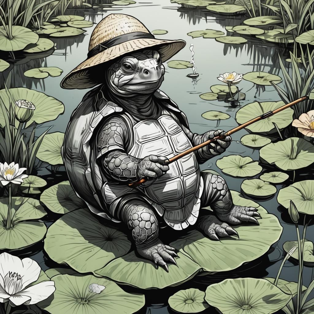 Tortoise Smokes Joint in Manga-Style Ink Drawing