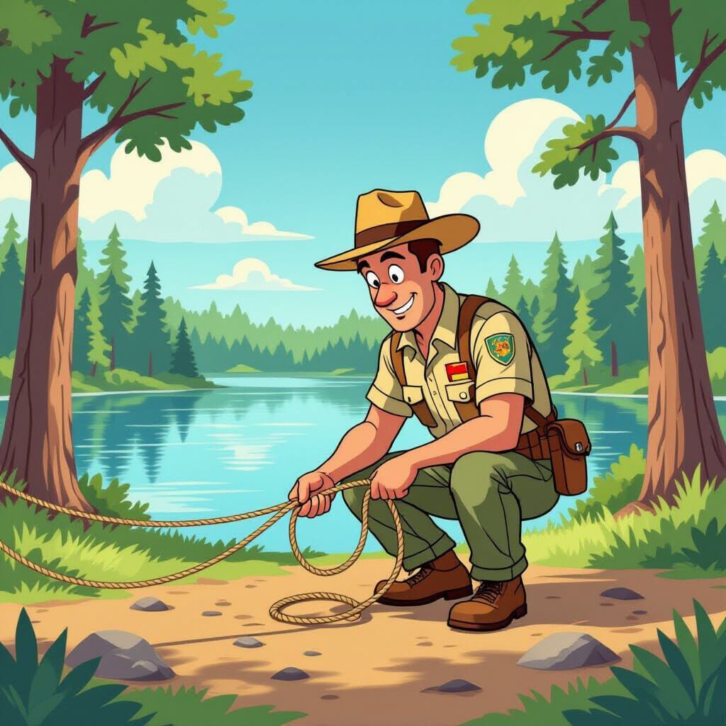 Cartoon Park Ranger Sets Forest Snare in Looney Tunes Style
