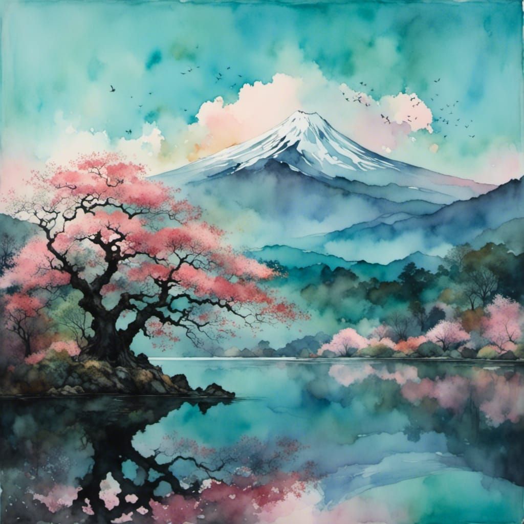 Majestic Sakura Tree Reflected in Lake: Cinematic Still