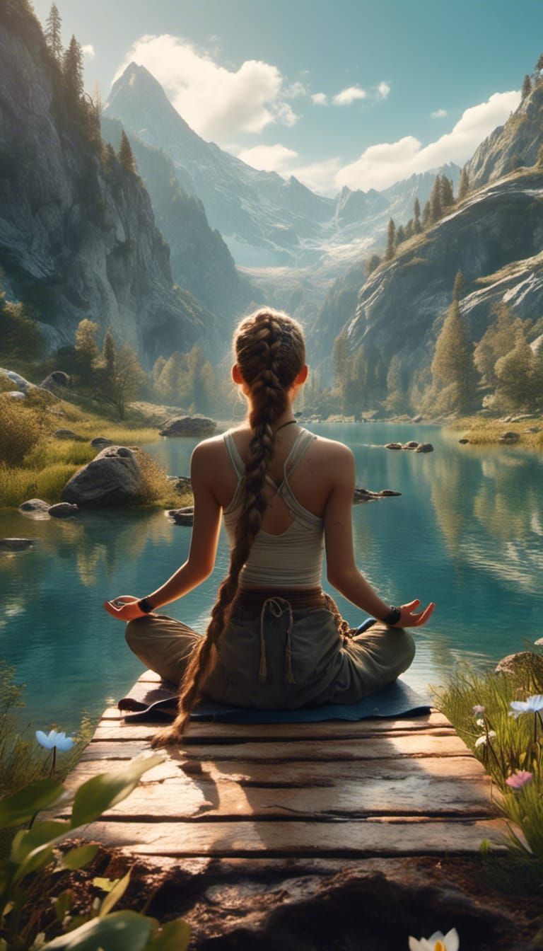 Alpine Lake Meditation in Post-Apocalyptic Anime Style