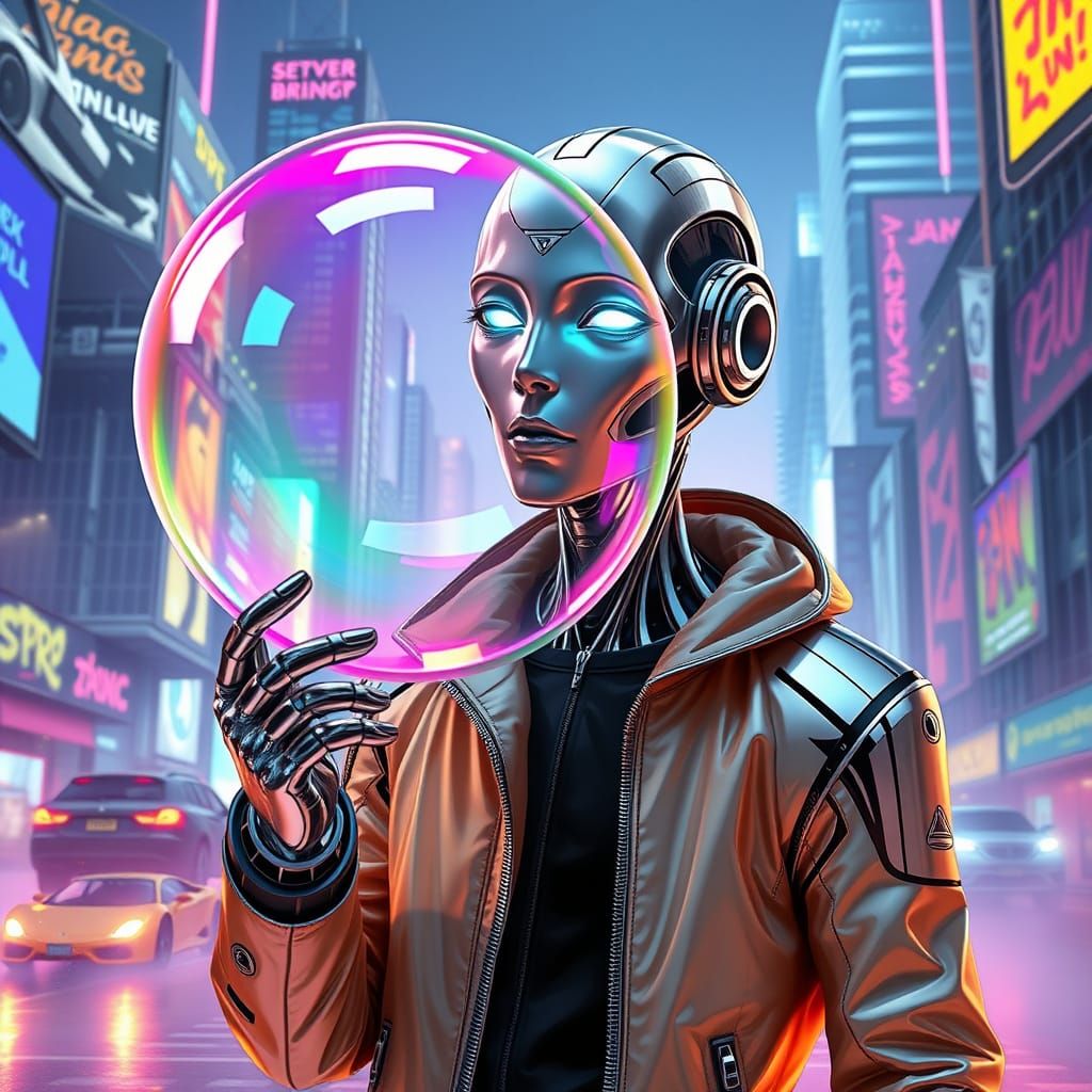 Futuristic Android Blows Rainbow-Coloured Bubblegum Bubble