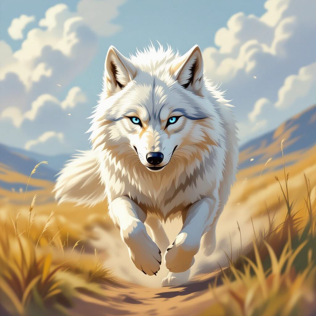 Chocolate Wolf Runs in Serene Gouache Landscape