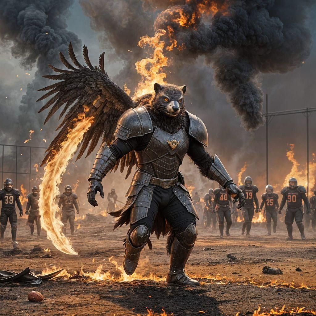Armored Beaver-Man Amidst Burning Football Field