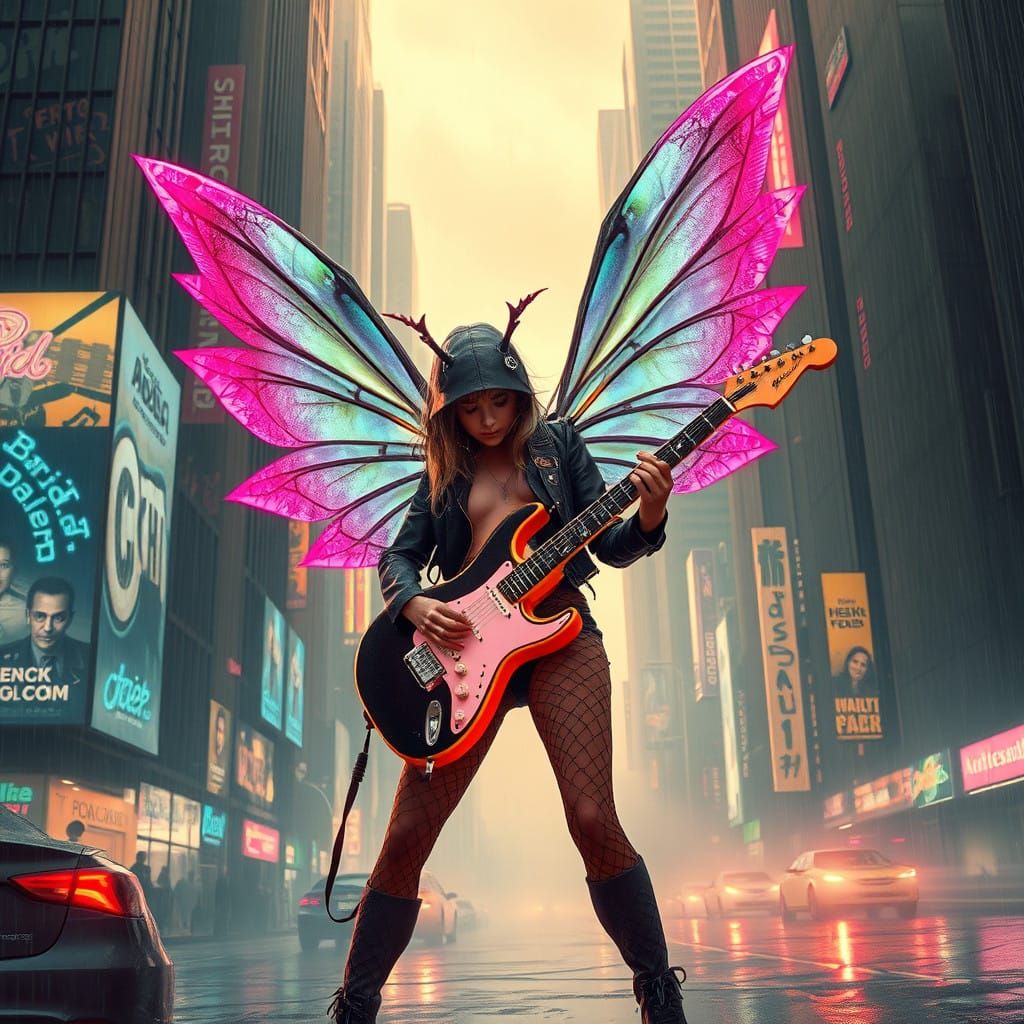 Cyberpunk Fairy Rockstar in Dystopian Cityscape