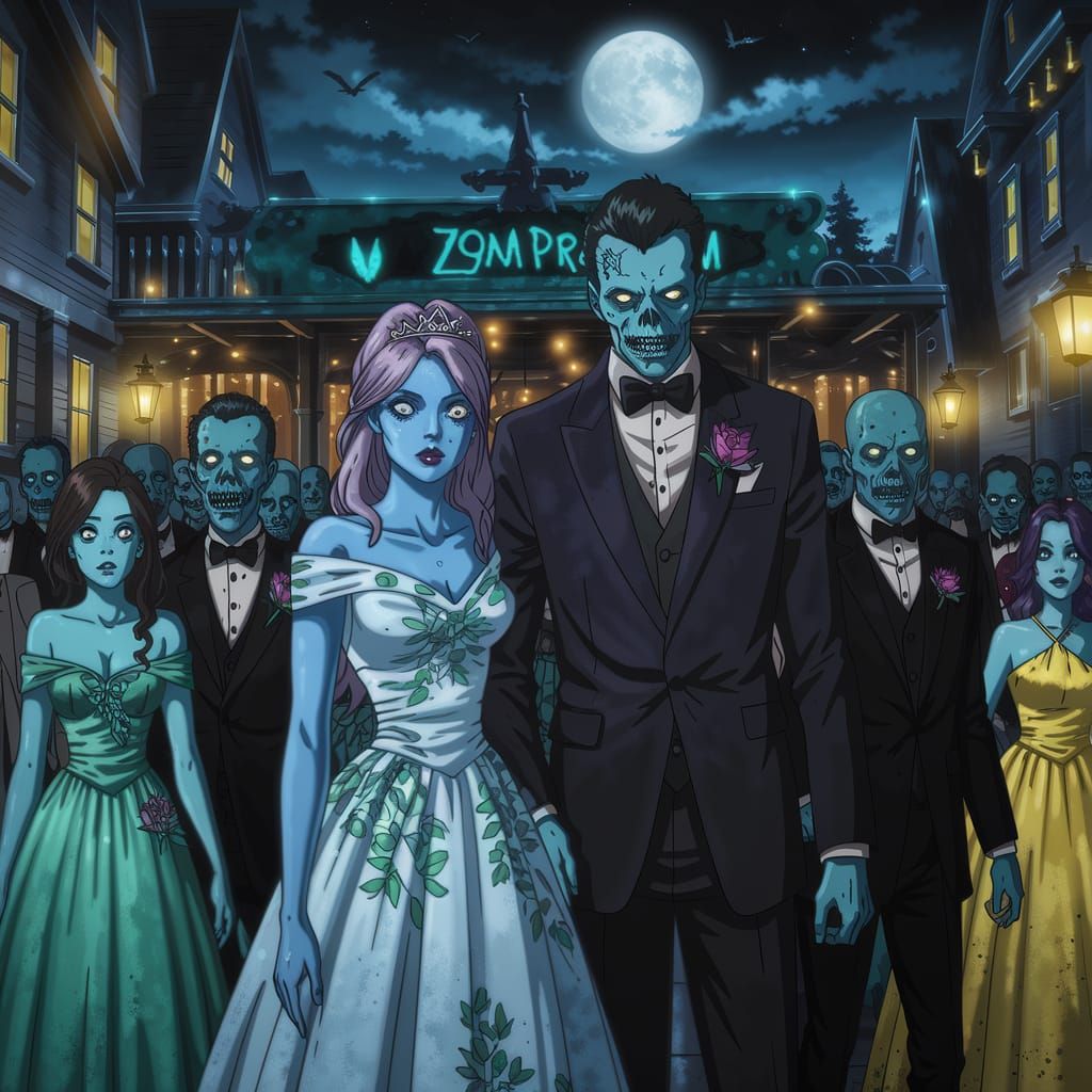 A scary prom night for zombies. The sign reads, "ZomProm".