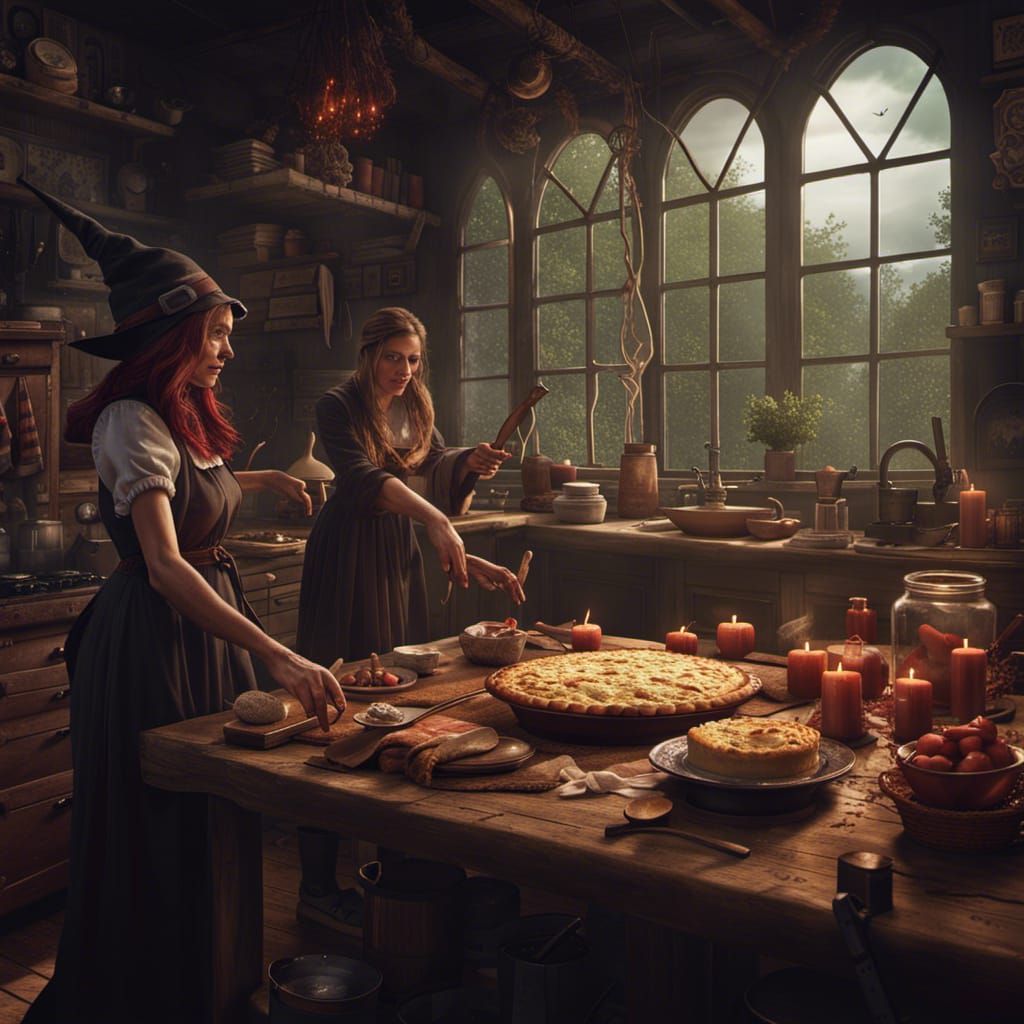 Witch Coven Baking Pies in Country Kitchen