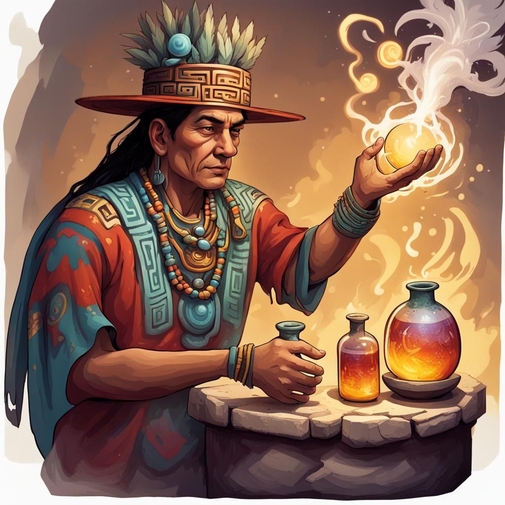 Mayan Magician Creating Potions with Elemental Powers