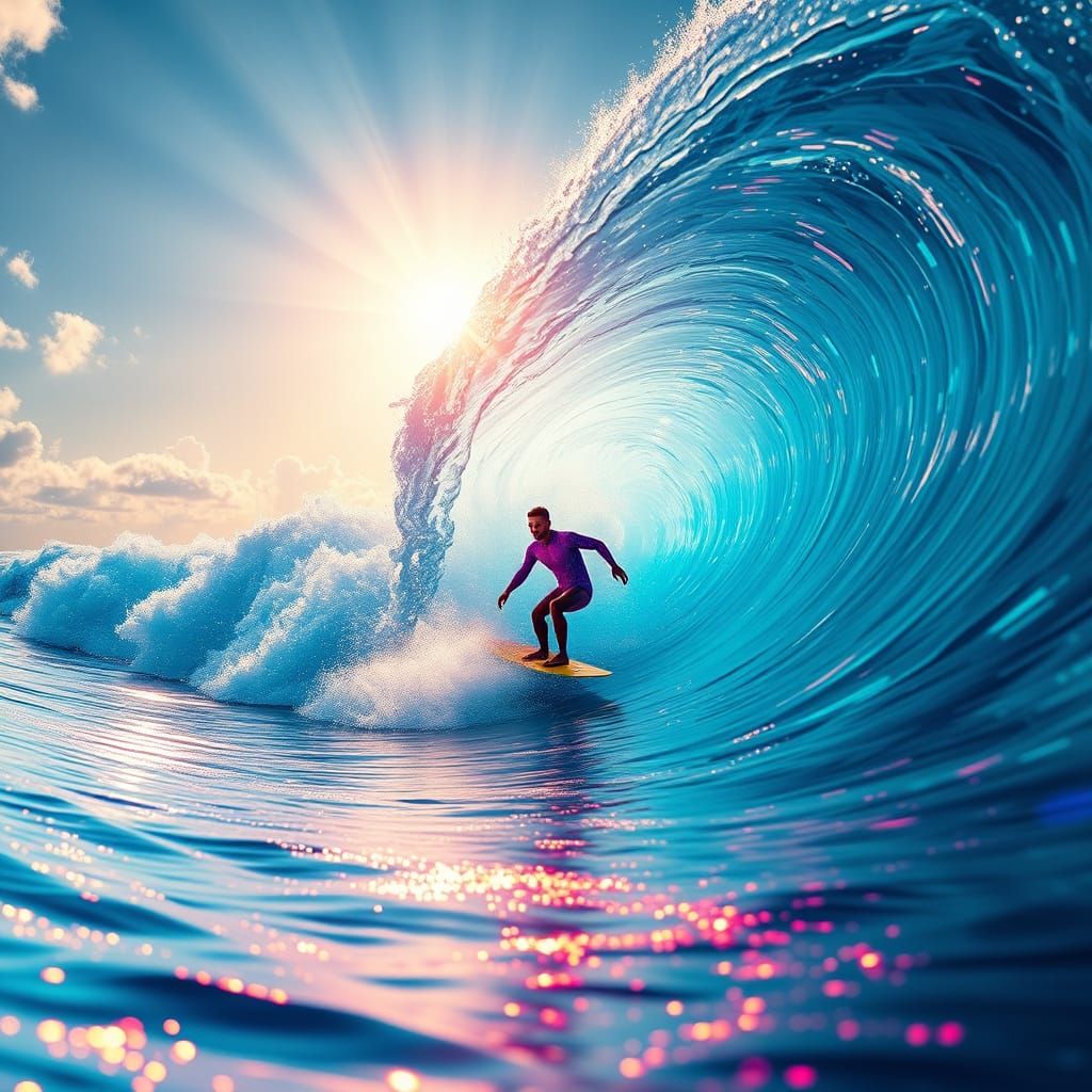 Surfer Riding Crystal Wave in Neon-Lit Wetsuit