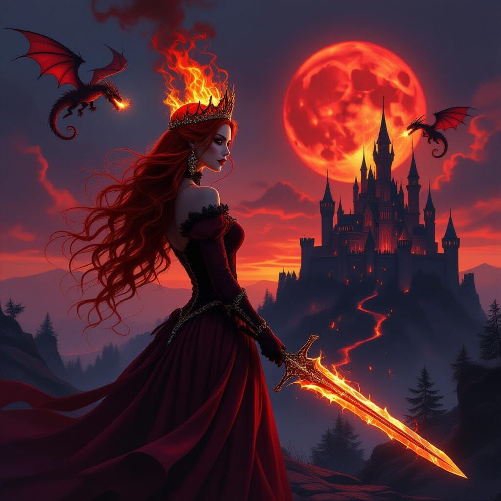 Gothic Lady with Dragons and Fiery Sword