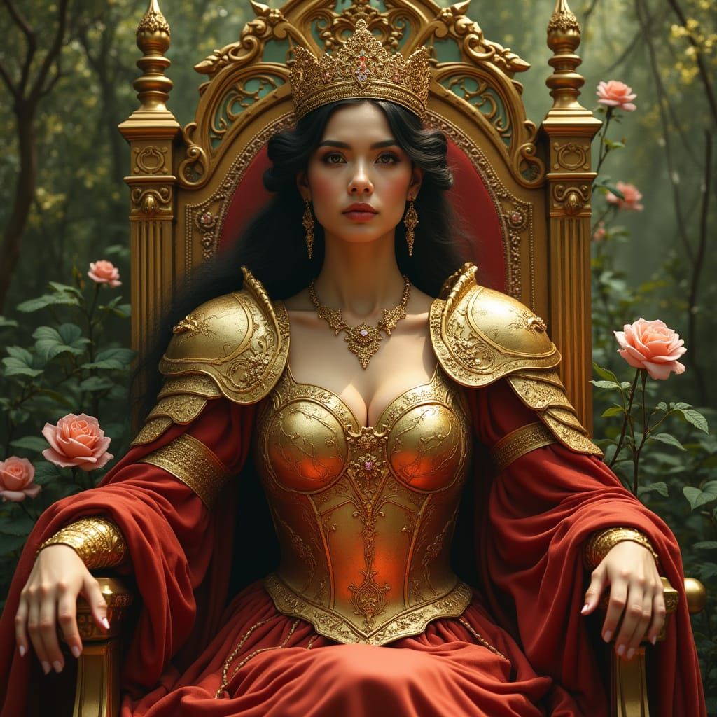 Golden Armored Queen on Floral Throne in Art Nouveau Style