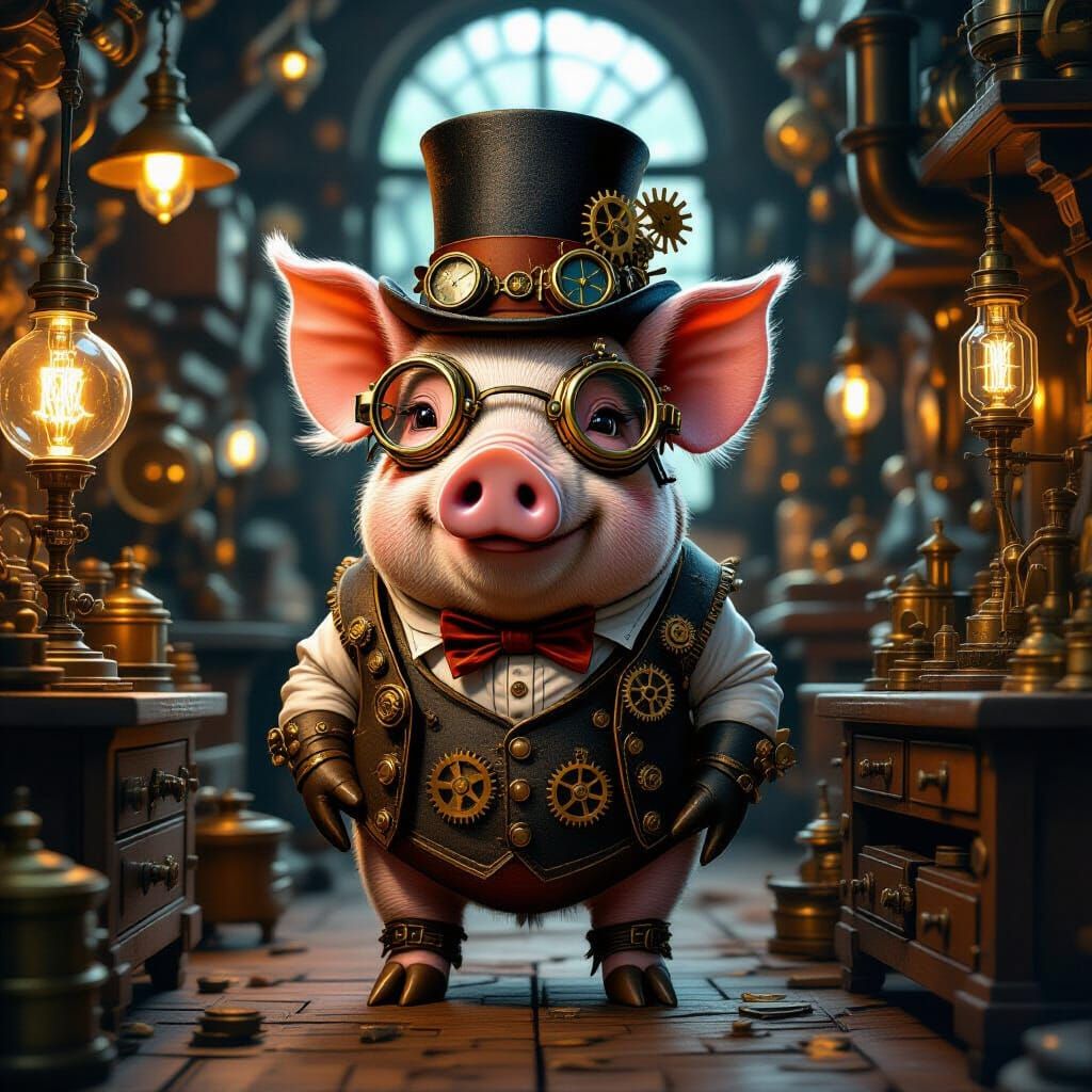 Steampunk Pig in Victorian Workshop Digital Painting