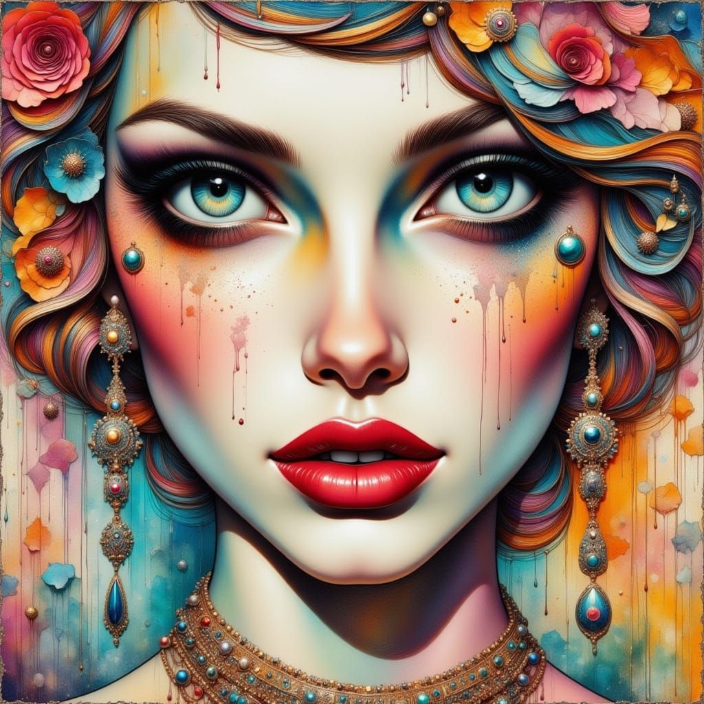 Glamorous Art Nouveau Punk Collage in Vibrant Colors and Tex...