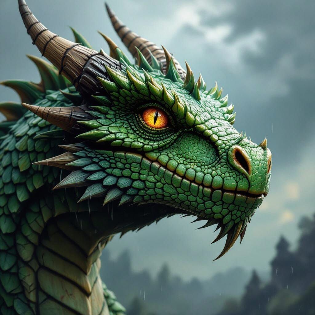 Green Dragon Head with Amber Eye, Fantasy Art