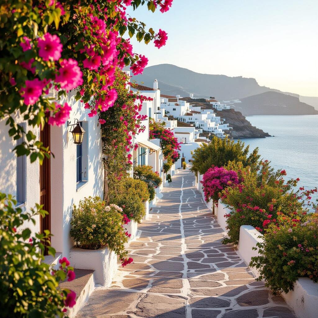 Sun-Drenched Seaside Street With White Houses and Flowers