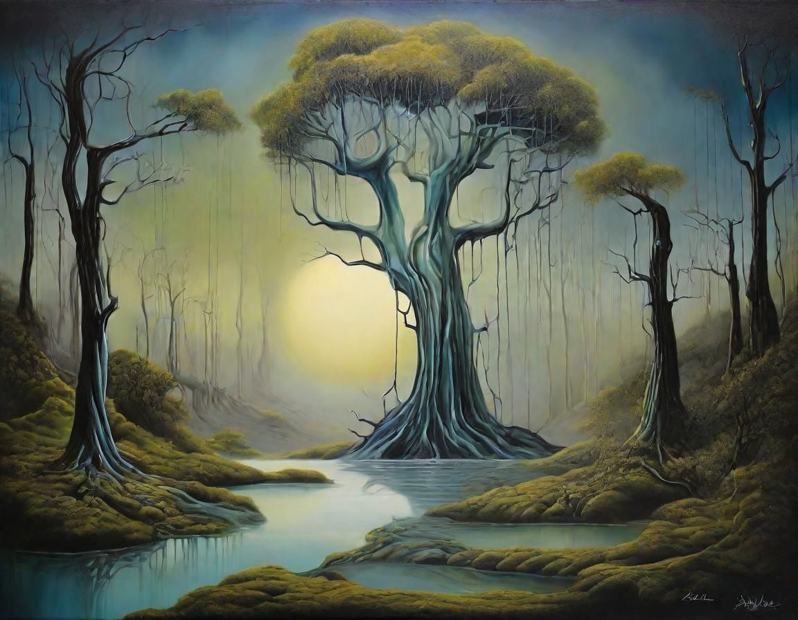 Surrealist Mystical Forest Dreamscape, Oil on Canvas