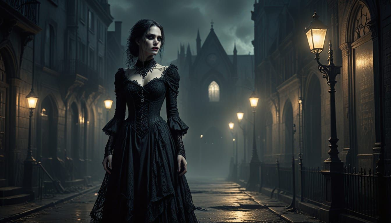 Woman in Gothic Dress in Eerie City