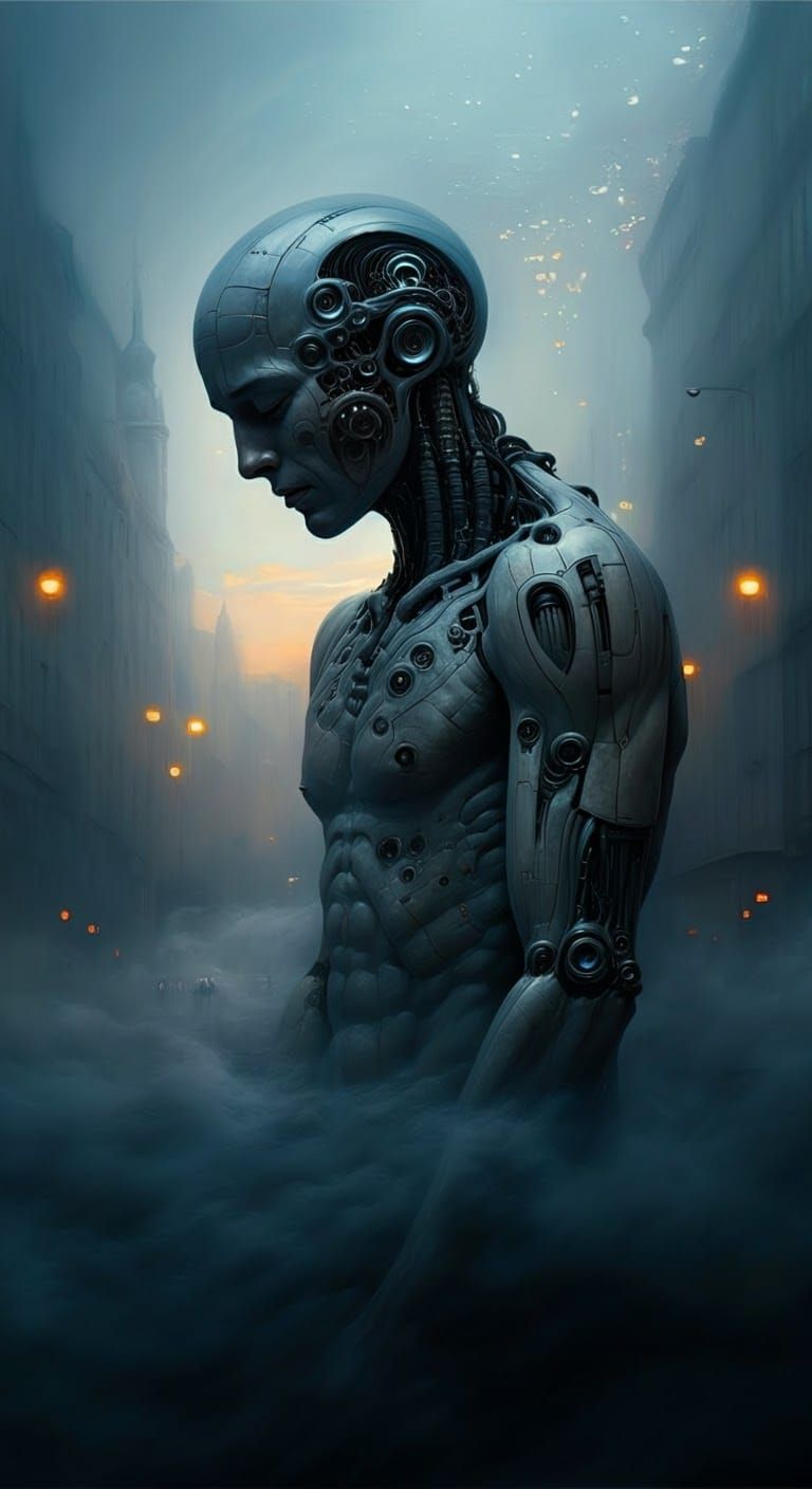 Introspective Figure Amidst Swirling Mist, Dreamlike Realism