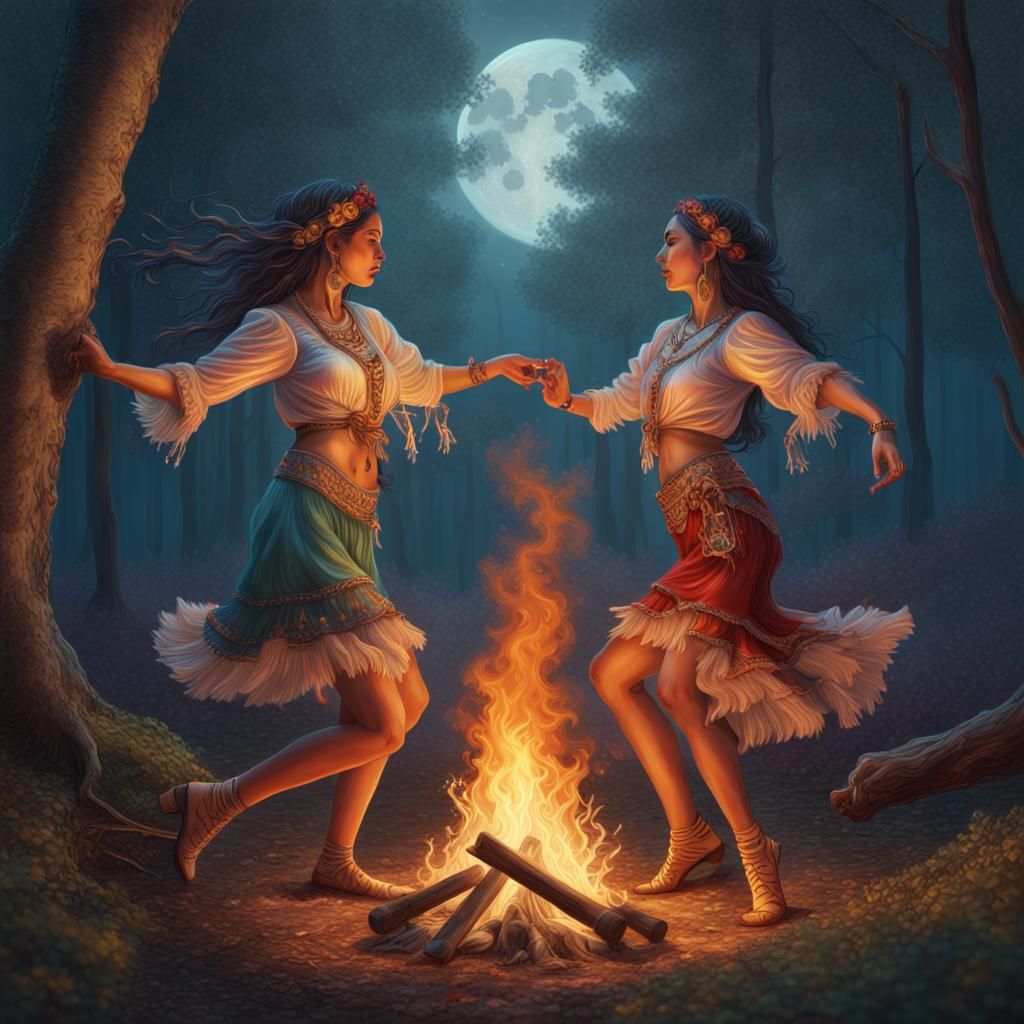 Gypsy Girls Dancing in Moonlight