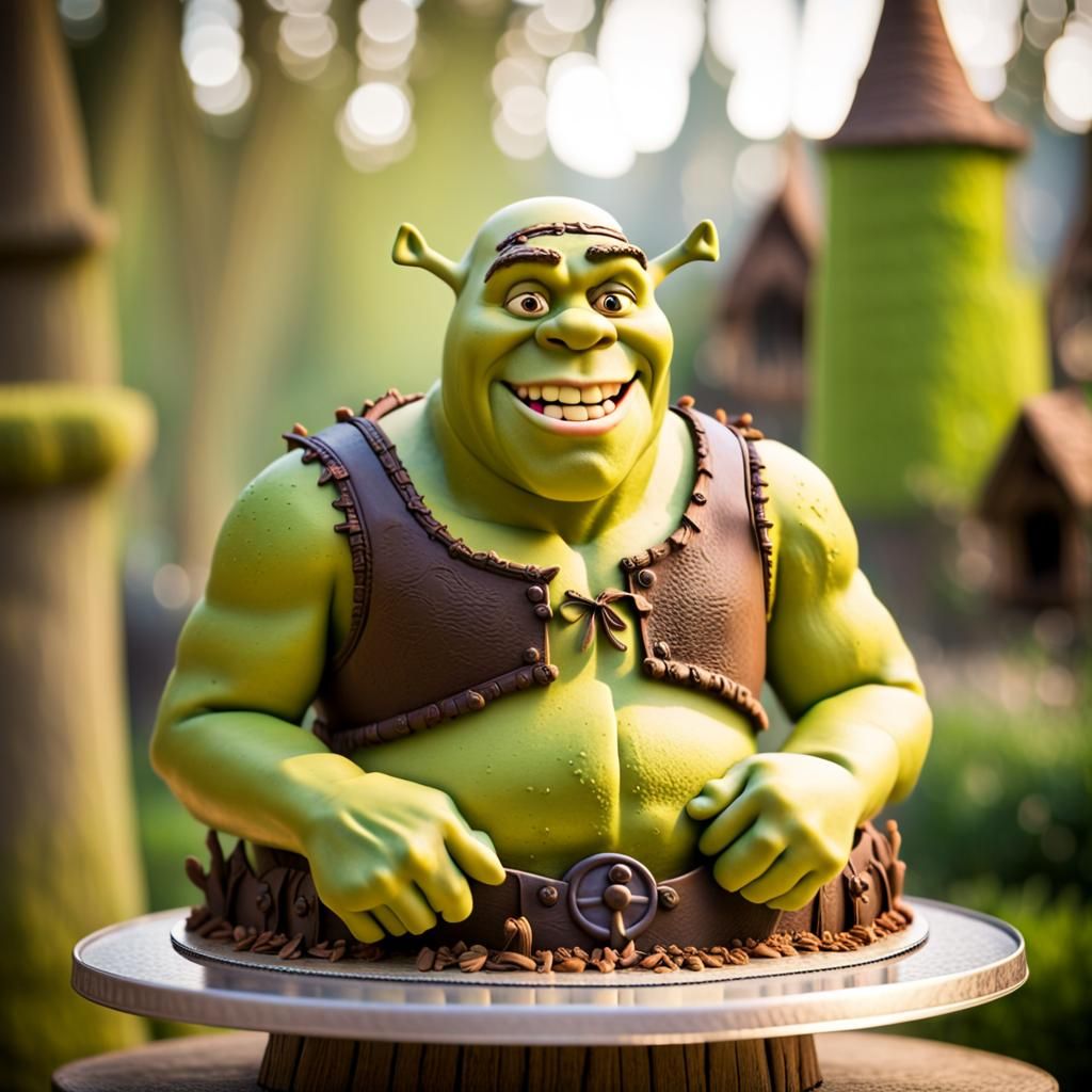 Hyperrealistic Shrek Cake Sculpture, Professional Photograph...